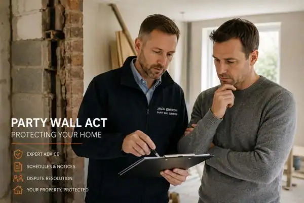 Party wall surveyor Dinnington discussing extension plans with homeowner outside a UK semi-detached house.